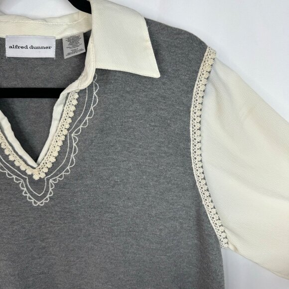 Alfred Dunner SzL Grey Long Sleeve Lace‎ Trim Top Grandmacore Granny Chic Twee - Picture 2 of 8